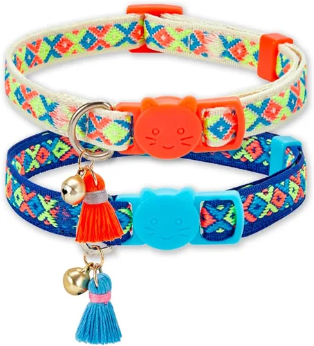 Miniatura 7 de Paquete de 2 collares de gato con bonito patrón colorido para gato, niño y niña, longitud ajustable con borla de campana, patrón tribal bohemio
