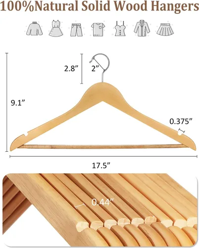 Miniatura 2 de AMKUFO Perchas de madera para trajes, paquete de 20 perchas de madera antideslizantes con muescas lisas de corte de finlandés, gancho giratorio