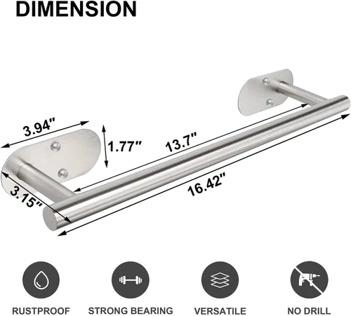 Miniatura 6 de TocTen Toallero de baño autoadhesivo, toallero para baño, soporte para toallas de baño de acero inoxidable a prueba de óxido, sin daños, barra