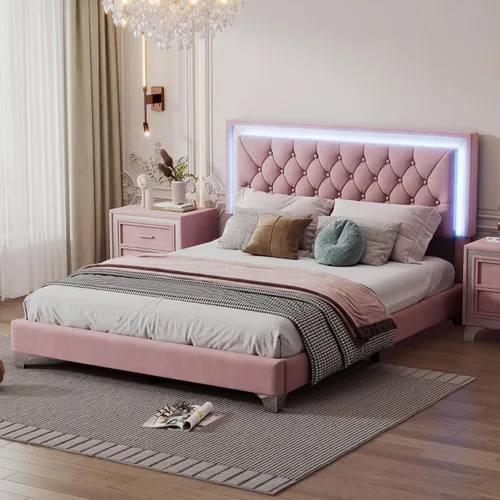 Miniatura 12 de Cama de plataforma flotante, marco de cama de madera tamaño individual con rayas claras, tela de lino suave y cabecera de diseño capitoné