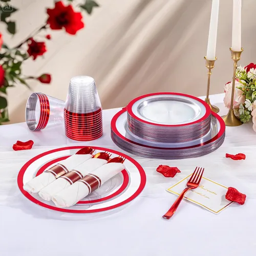 Miniatura 2 de I00000 Juego de 210 platos rojos, platos de plástico transparente y rojo que incluye 60 platos, 30 tazas, 30 servilletas enrolladas con cubiertos