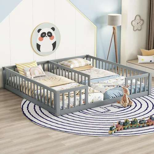 Miniatura 13 de Cama de suelo para niños tamaño Queen con valla, cama de madera con puerta, barandillas en forma de valla, cama de valla para niños, fácil montaje