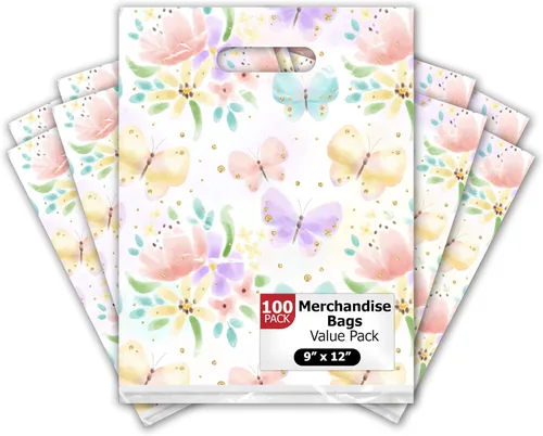 Pro Supply Global Bolsas de Mercancía de Boutique Minorista con Diseño de Mariposas Florales de 9x12, 100 Unidades, con Asas Troqueladas, Bolsas de