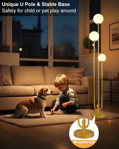 Miniatura 6 de Lightdot Lámpara de pie dorada de 63 pulgadas, regulable, 3 luces, globo LED, con 3000 K, blanco cálido suave para boda/fiesta, portavelas, lámpara
