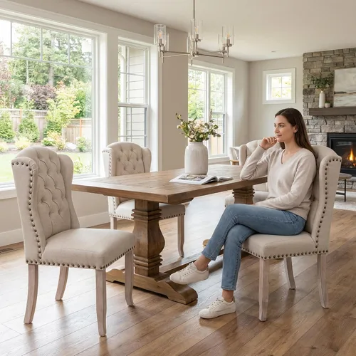 Miniatura 2 de DUOMAY Juego de 4 sillas de comedor modernas capitoné, sillas de comedor tapizadas de lino sin brazos, sillas laterales de invitados para cocina
