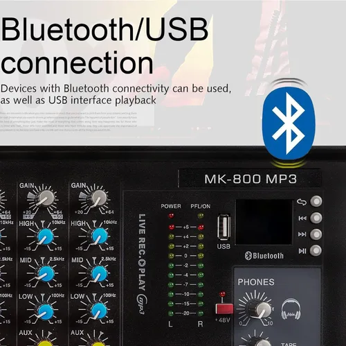 Miniatura 2 de G-MARK MK800MP3 Mezclador de audio profesional Placa de sonido 8 canales Consola de mezcla con reproductor de MP3+48V Phantom Power Digital USB