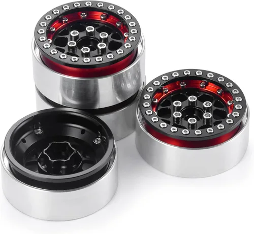 Miniatura 5 de Llantas Beadlock de 1.9 pulgadas, 4 unidades, juego de llantas de metal para 1/10 Axial Scx10 TRX-4 D90 CC01 90034 RC Crawler Car (negro y rojo)