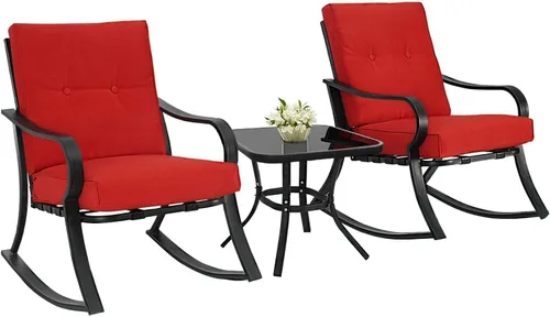 Oakcloud Oakmont - Juego de muebles de exterior de 3 piezas con sillas mecedoras y mesa superior de cristal, cojines gruesos, acero negro (rojo)