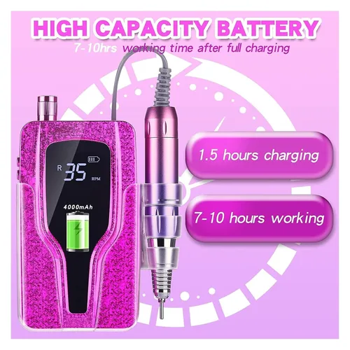 Miniatura 3 de Lima de uñas eléctrica, 35000 rpm, máquina de manicura, recargable, potente lima de uñas eléctrica, motor profesional para esmalte de gel arcílico