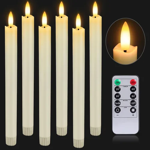 HINZER 6 piezas de velas cónicas sin llama con control remoto y temporizador de 9.6 pulgadas, cera real, funciona con pilas, luz LED cálida 3D para