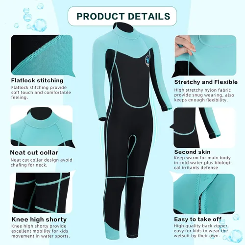 Miniatura 6 de Kid Wetsuit Neoprene Boys Girls 3mm Full Wet Suit, 2mm Shorty Toddles Thermal Swimsuit, Children Back Zipper Cold Water Warmth for Swimming Kayaking