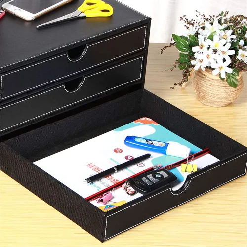 Miniatura 5 de Ayunga Organizador de escritorio de cuero con 3 cajones, suministros de oficina ejecutiva, archivador A4, caja de almacenamiento apilable