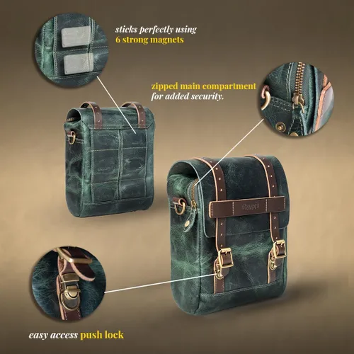Miniatura 3 de Bolsa de tanque magnética de cuero genuino para motocicleta de Trip Machine Company con montaje en asiento trasero y cola, con correa para el hombro