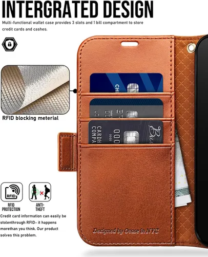 Miniatura 3 de OCASE Funda Cartera Compatible con iPhone 15, Funda Tipo Folio de Cuero PU con Tapa, con Portarjetas y Bloqueo RFID, Función Atril