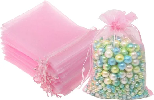 Miniatura 12 de 100 unidades por paquete, bolsas de envoltura de regalo de 5 x 7 pulgadas, ratán azul, tela transparente de organza, bolsas con cordón para regalos