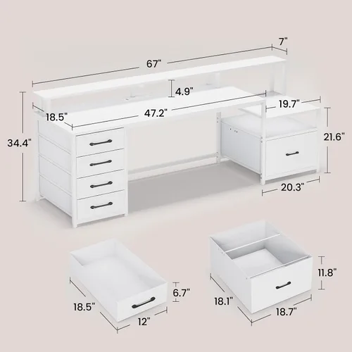 Miniatura 8 de SEDETA Escritorio blanco para computadora con 5 cajones y toma de corriente, escritorio de oficina en casa de 66 pulgadas con cajón de archivos
