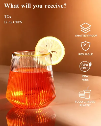 Miniatura 6 de BESTSTAR 24 Pack Plastic Ribbed Origami Ripple Plastic Glasses Set - 12 9 OZ Stemless Champagne Flutes & 12 12OZ Cups, BPA-Free Shatterproof Clear