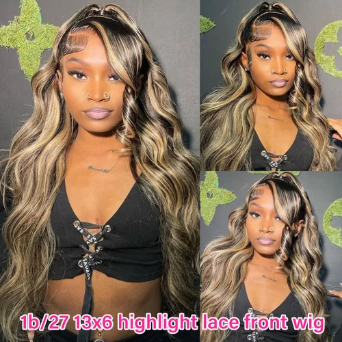 Miniatura 8 de Peluca de Cabello Humano con Encaje Frontal de 34 Pulgadas 1B/27 Balayage Highlight, Pre Depilada 13x6 Encaje HD Ombré Ondulada Corporal 180%