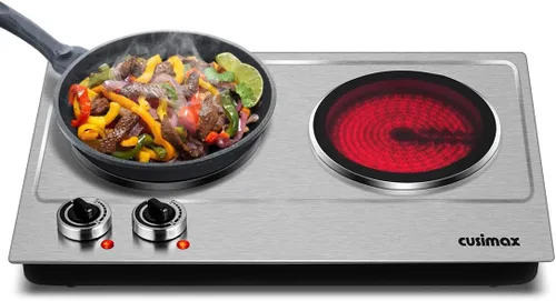 Quemador doble, CUSIMAX Placa de cocción eléctrica de cerámica de 1800 W, placa infrarroja de doble control, quemador portátil para encimera, cocina