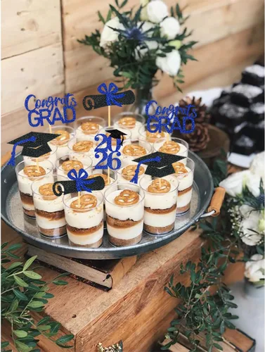 Miniatura 6 de 24 adornos de graduación para cupcakes, decoraciones de graduación negras y azules para la clase de 2026 (negro y azul)