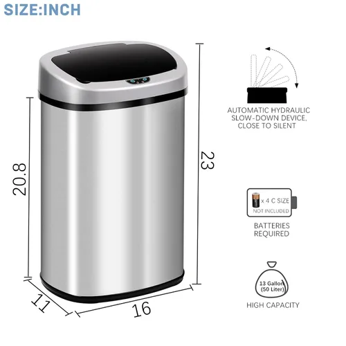 Miniatura 7 de Bote de basura automático de acero inoxidable con tapa, 13 galones y 50 litros, antihuellas, diseño silencioso, para cocina, oficina, dormitorio