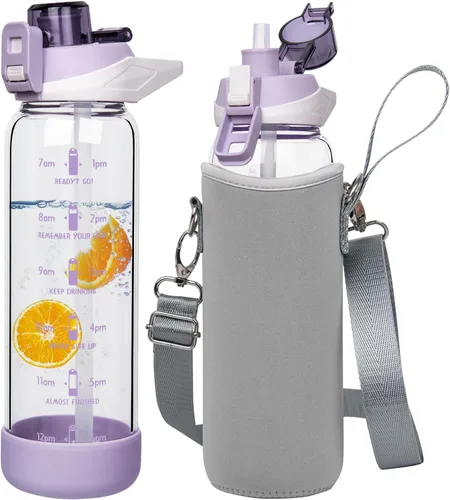 Miniatura 20 de Botella de agua deportiva de vidrio de 32 onzas con popote y marcador de tiempo, botella de vidrio motivacional reutilizable grande para agua Rosa