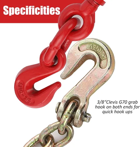 Miniatura 6 de Carpeta de cadena de 3/8" -1/2", cadenas de 3/8" × 10 pies con 1 carpeta y 1 cadena, grado 70, carpeta de carga para cadena de carpeta con gancho