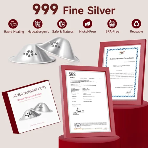 Miniatura 2 de Copas de lactancia de plata 999, diseño original perforado transpirable, cubiertas plateadas elegibles para pezones FSA y HSA para lactancia
