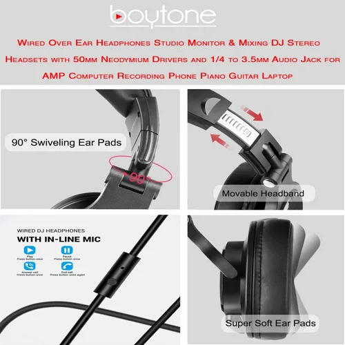 Miniatura 6 de Boytone BT-10RD - Auriculares con cable sobre la oreja, monitor de estudio y mezcla de auriculares estéreo para DJ con controladores de 1.969 in