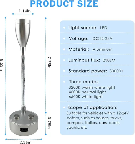 Miniatura 2 de TZnpnor - Paquete de 2 luces LED de noche de 12 a 24 V, puerto de carga USB, cuello de cisne, atenuación táctil, foco giratorio de 360° para cámper