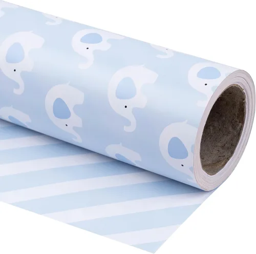 WRAPAHOLIC - Papel de regalo reversible para bebé niño, rollo mini - 17 pulgadas x 33 pies - Lindo diseño de elefante azul, perfecto para baby Bebé