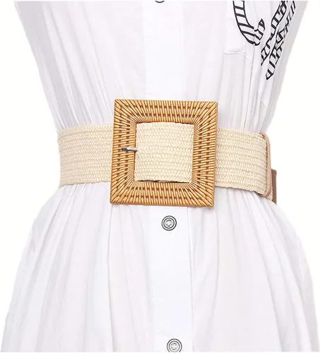 Miniatura 3 de Cinturón ceñido de paja tejida para mujer, elástico, de moda, con hebilla de madera.