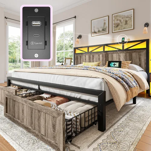 Miniatura 14 de EnHomee Marco de cama King de metal con 2 cajones de almacenamiento, cabecera de madera con iluminación LED y estación de carga, dormitorio, Negro