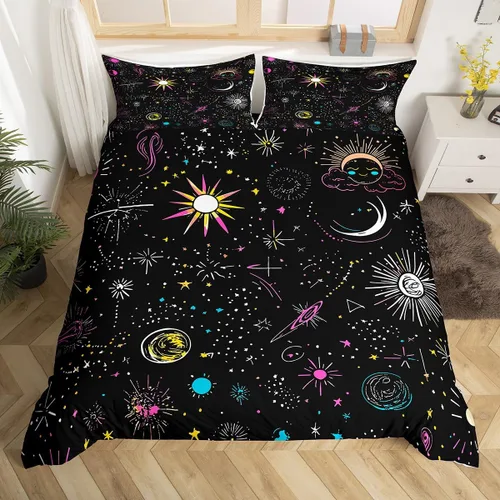 Miniatura 30 de Erosebridal Juego de ropa de cama bohemio con sol y luna, funda de edredón hippie de 3 piezas, colorida funda de edredón teñida anudada, funda