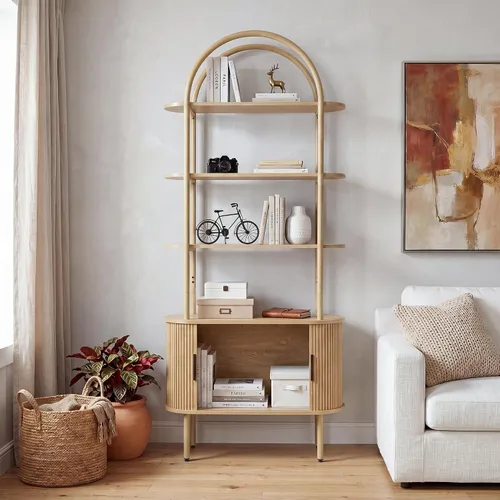 Miniatura 4 de Estantería arqueada acanalada de 71 pulgadas de alto con puertas correderas de tambor, mueble estantería curvo de metal moderno de mediados de siglo