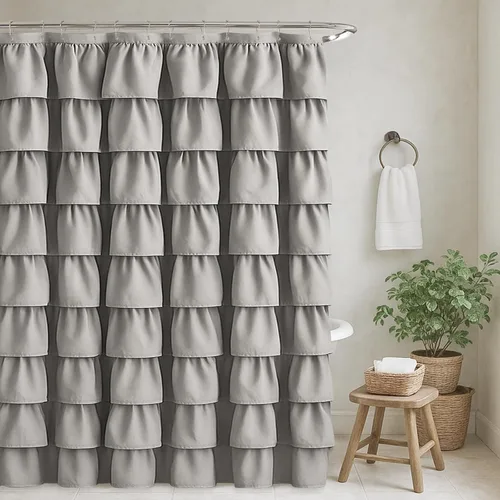 Miniatura 21 de Cortina de ducha Seasonwood de tela blanca con volantes, cortina de ducha estilo granja, cortinas de ducha de 72 x 84 pulgadas con botones y Blanco