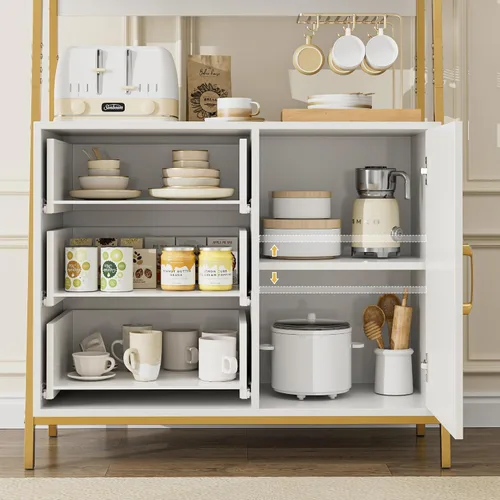 Miniatura 5 de HITHOS Estantería Alta de 69", Estantería Blanco Dorado de 4 Niveles con Cajones de Madera y Estantes de Escalera, Gabinete de Almacenamiento