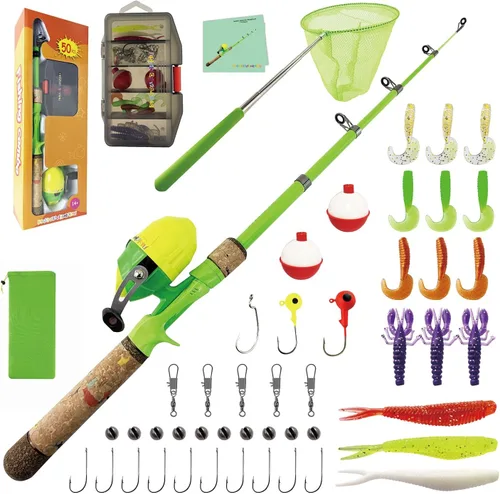 Miniatura 10 de Kids Rod Set, Kids Fishing Rod and Reel Combo and Fishing Net Tackle Box with Fishing Lure Hook and Bag for Girls Beginners, Kids, Youth Anglers