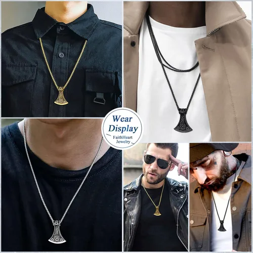 Miniatura 2 de FaithHeart Collar con colgante de hacha vikinga para hombres y mujeres, joyería vikinga nórdica de acero inoxidable con delicado embalaje de regalo