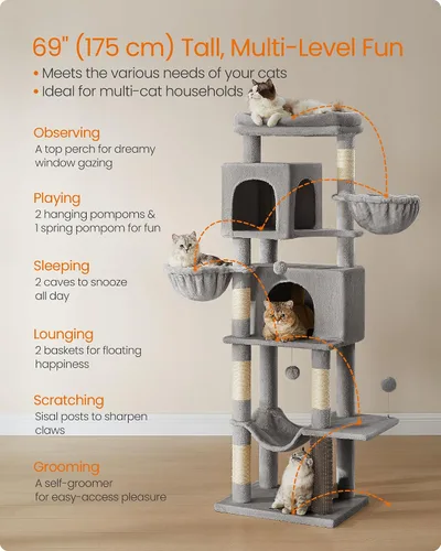 Miniatura 3 de Feandrea Árbol para Gatos, Torre para Gatos de 69 Pulgadas de Alto para Gatos de Interior, Condominio para Gatos de Múltiples Niveles con 2 Cuevas