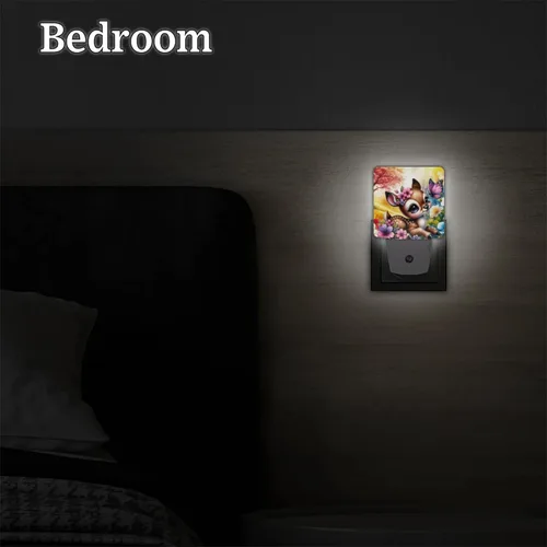 Miniatura 5 de Juego de 2 luces LED de noche con enchufe de flores y ciervos de animales, lámpara de luz nocturna con sensor automático del atardecer al amanecer