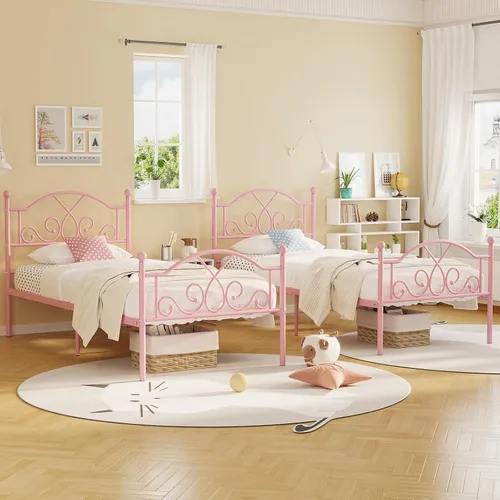 Miniatura 9 de Weehom Marco de cama individual, marcos de cama de metal modernos de tamaño individual para niños y niñas, no necesita somier, base de cama Rosa