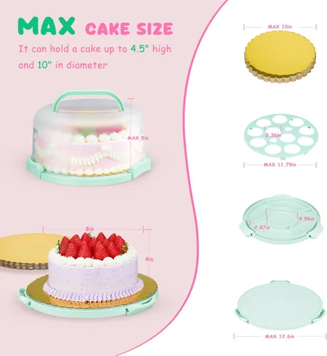 Miniatura 2 de Porta pasteles con tapa y asa, soporte para pasteles sin BPA con tapa para portador de pasteles redondo de 10 pulgadas con 10 tableros redondos