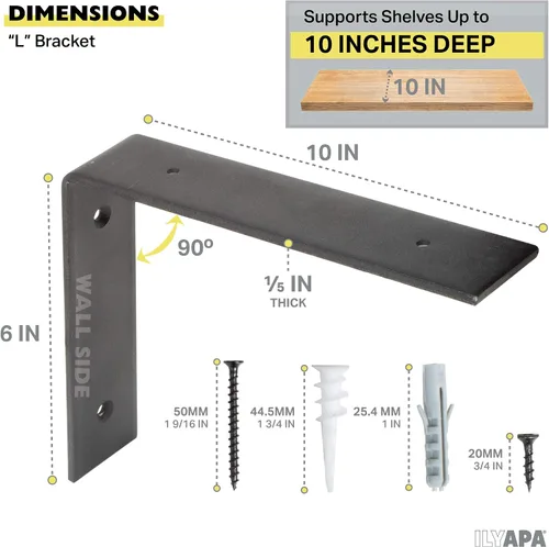 Miniatura 2 de Ilyapa Soportes de estante flotantes resistentes, paquete de 4, hierro rústico, soportes de estante de metal negro de 6 x 10 pulgadas para estantes