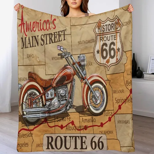 Miniatura 3 de Manta de motocicleta antigua, rústica y clásica, con temática de auto clásico, ruta de EE. UU., 66, patrón impreso, manta de franela súper suave