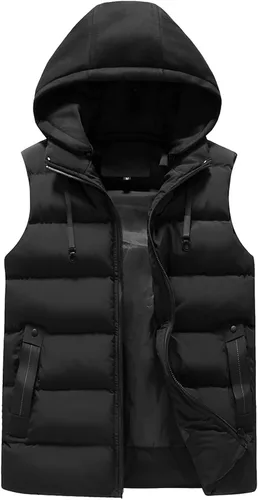 Miniatura 19 de WENKOMG1 Chaleco con capucha con doble cremallera para hombre, abrigo de color sólido, abrigo cálido y grueso, sin mangas, chaqueta suelta