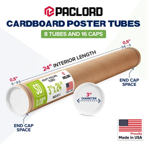 Miniatura 2 de Tubos de correo de papel kraft reforzado de 3 x 24 pulgadas, paquete de 8 tubos con 2 tapas cada uno, tubo de cartón fabricado en Estados Unidos