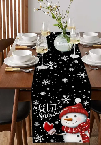 Miniatura 4 de Camino de mesa de muñeco de nieve de Navidad negro – Lino de algodón de 36 pulgadas de largo, bufandas de vestido de Navidad con copo de nieve