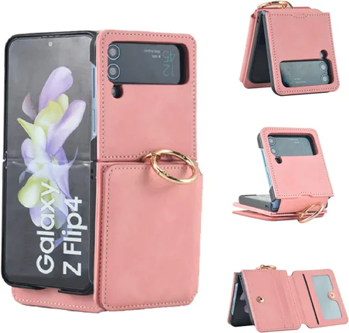 Asuwish Funda de teléfono para Samsung Galaxy Z Flip 3 5G 2021 con anillo cruzado correa con cordón para tarjeta de crédito, soporte para celda, Oro