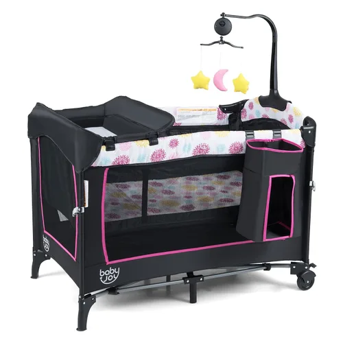 Miniatura 6 de Baby Joy Paquete y juego 4 en 1, cama de noche para bebé con moisés, 3 alturas ajustables, caja de música, fácil de instalar, cuna plegable